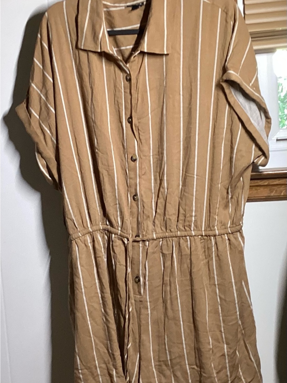 torrid Tan and White Striped Button-Front Jumpsuit with Drawstring Waist
